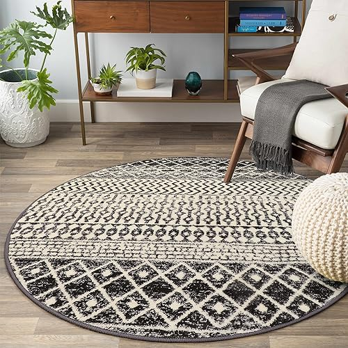 Nailttos Marokkanischer runder Teppich, 91 cm, schwarz, abgenutzter Eingangsteppich, rutschfest, rund, waschbar, fusselfrei, Überwurf, Teppiche, Türmatte für Schlafzimmer, Badezimmer, Küche,