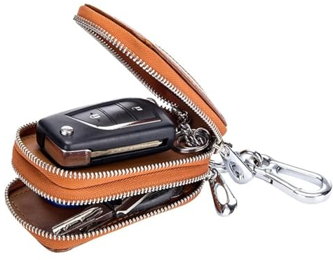 Porte-clés de Voiture sac Double Fermeture éclair en cuir Protection clé Porte-Monnaie Porte-clés avec Fenêtre Transparente pour clé de Voiture Télécommande