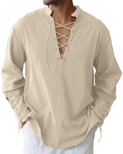 LVCBL Linen Shirts for Men Medieval Renaissance Shirt Henley Long Sleeve Drawstring Shirts Khaki 2XL