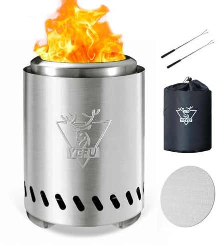 YEFU Tisch-Feuerstelle, 24,6 x 18 cm, raucharmer Campingkocher für Outdoor & Terrasse, mit Pellets oder Holz, sicher brennende Tisch-Feuerstelle, mit Reisetasche & 2 Mini-Sticks & feuerfester Matte,