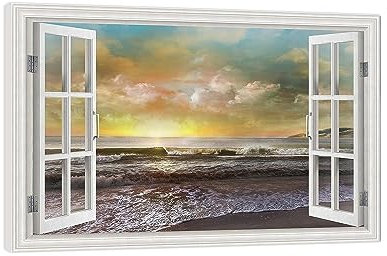 JZSDGB incorniciato-Quadro su tela XXL Finestra con vista-Stampe e Quadri su Tela Paesaggio-Nuvole gialle luminose sopra una spiaggia Seascape Dipinto. finte finestre Quadri su tela 85x128cm(33x50in)