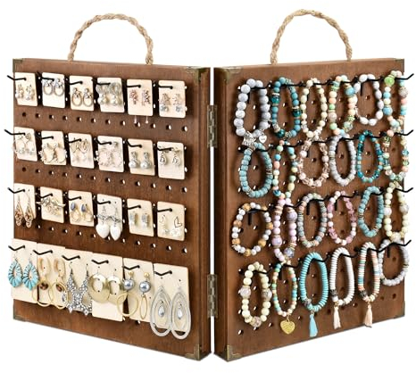 MOOCA Panneau perforé en bois pliable et portable à 2 panneaux avec 48 crochets amovibles et poignée en corde pratique pour présentation de spectacles, marron