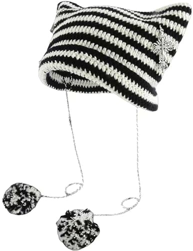 Sumleno Y2k Beanies Häkeln Gestrickte Katze Hüte Goth Kreuz Teufel Hut Gestreift Alt Emo Zubehör Grunge Y2k Ästhetische Kleidung, Weiss/opulenter Garten, Einheitsgröße