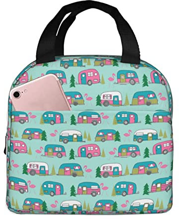 Aotximlat Isolierte Lunch-Tasche, wiederverwendbare Kühltasche, Lunch-Tragetasche, Happy Camper, Camping, Flamingo, Minzgrün, Thermo, auslaufsicher, Lunchhalter für Männer, Frauen, Kinder, Picknick,