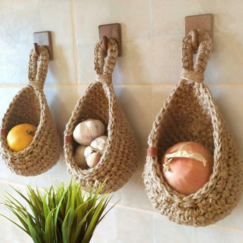 FUBESK Hängender Obstkorb für die Küche, Boho-Jute-Hängekörbe zum Organisieren, hängende Wand-Obst- und Gemüsekörbe (B x H x H): 14 x 15 x 20 cm