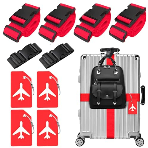 4 Stück Koffergurt & 4 Stück Kofferanhänger & 2 Stück Fügen Sie Eine Tasche Gepäckgurte Hinzu, Kofferband Gurt, Einstellbare Kofferbänder, Auffällig Luggage Strap für Koffer (Rot)