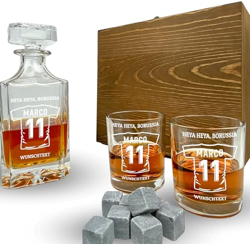 Whisky Set mit Gravur Trikot personalisiert mit Name und Wunschtext Karaffe 700 ml und Gläser Fußball Sport Handball graviert Geschenkset (Karaffe + 4 Gläser)