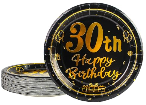 AHPYEUHK 30th Birthday Paper Plates 7 Party Dessert Plates 50 pcs Black and Gold 30th Decorations Disposable Tableware Party Supplies