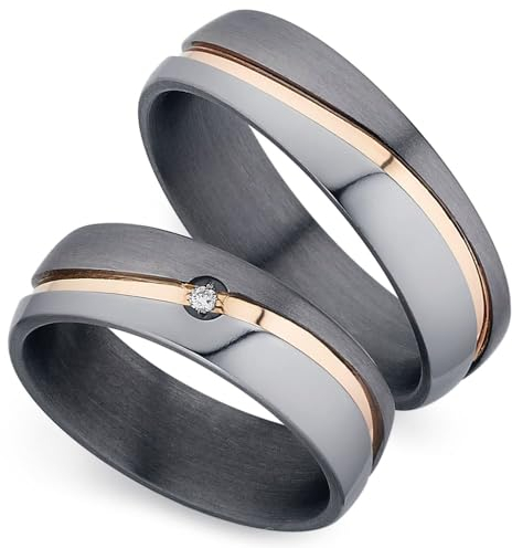 123traumringe Tantal Eheringe | Tantal Rosé platiniert | Paarpreis mit Brillant | inkl. Gravur | Trauringe Tantal für Sie und Ihn | Paarringe Eheringe Partnerringe schwarz | P 23A