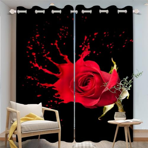 WEQEER Rote Rose Verdunkelungsvorhang Kinderzimmer Blickdichter Vorhang Rote Rosenblätter Ösenschal 2Er Set Vorhänge Romantische Rote Rosen Muster Gardinen (5,150×166BxH (75×166cm×2))