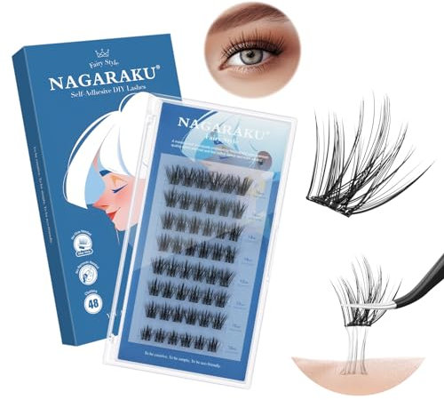 NAGARAKU Pestañas Autoadhesivas 48 Racimos Pestañas Adhesivas Presión Automática Sin Pegamento Ni Removedor Reutilizables Prepegados Suave Self Adhesive Lash Aspecto Natural Hada(0,07mm C 10-16mm)