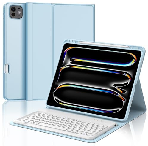 Funda con Teclado para iPad Pro 13'' (M4) 2024, Teclado Bluetooth Inalámbrico Desmontable con Funda Protectora Delgada y Ranura para Bolígrafo para iPad Pro 13 Pulgadas M4 2024 Tablet, Azul Claro