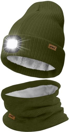 ATNKE LED Mütze mit Licht und Schal Set, Wiederaufladbare USB 4 LED Beleuchtete Laufmütze Winter Warme Gefütterte Fleece Halsschlauch und Stricken Mütze für Herren und Damen Geschenke/Army Green