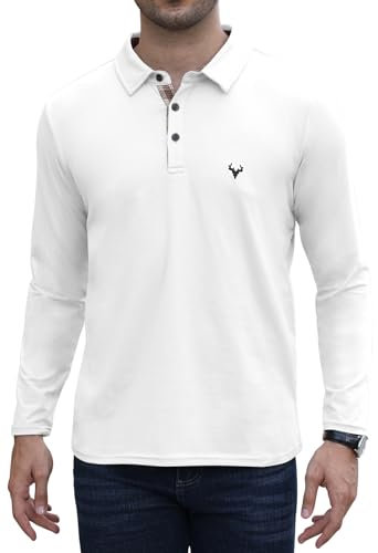 KUYIGO Men's Polo Shirts Deer Head Embroidery Contrasting Colors Long Sleeve Golf Tennis T-Shirt with Plaid Trim,White M
