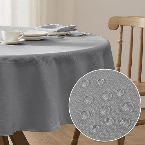 Softalker Tischdecke rund 140 Grau Abwaschbar Wasserabweisend Abwischbar Leinen Struktur Fleckschutz Tischtuch Table Cloth Deko für Draußen Party Geburtstag Silvester Weihnachten Garten Outdoor Herbst