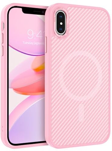 YINLAI for iPhone X Magnetic Case iPhone XS Magnetic Case [Compatible with Magsafe] Carbon Fiber Support Wireless Charging Slim Full Shockproof Case for iPhone X/iPhone XS 5.8,Pink