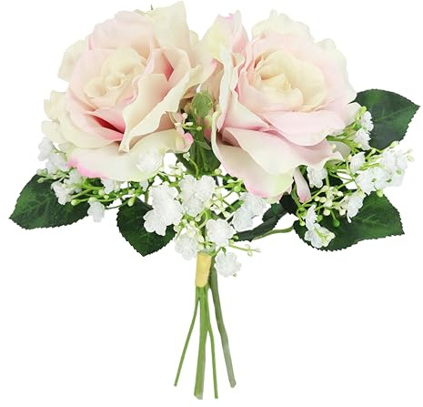 Kunstblumen 3er Set Rosen Schleierkraut künstliche Blumen Seidenrosen einzeln Bouquet Hochzeit Dekorationen Floristik Einzelblume Stielblume Blütenzweig Zweig Blumen Dekozweig Kunstzweig, rosa