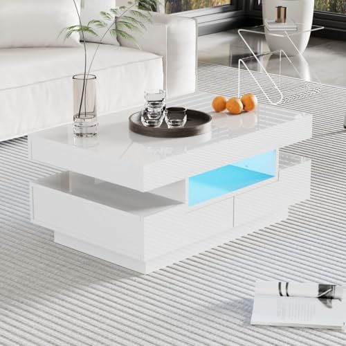KOMHTOM Table Basse Moderne LED Blanc, Meuble de Salon Table Salon Table Basse Coffre avec Quatre tiroirs. (Blanc)