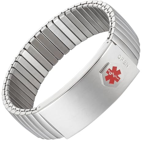 EnerMagiX Medizinisches Notfall-Armband für Damen und Herren, elastischer Edelstahl, personalisierbar (Details im Lift-up-Bereich, individuelle medizinische Karte + Streifen gratis)