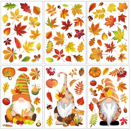 6 Sheets Autumn Maple Leaf Window Static Stickers Autumn Decorations Autumn Stickers Thanksgiving Window Cling Removable Reusable Decals for Glass Living Room Windows