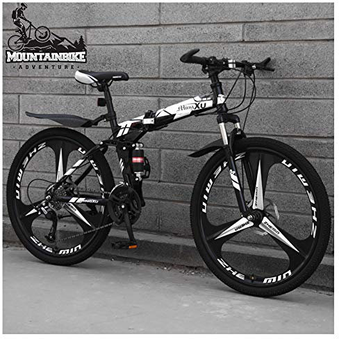 26-Zoll-Mountainbike für Erwachsene, Männer und Frauen, Mountainbike mit Doppelfederung und Scheibenbremsen, Faltbarer Rahmen aus Kohlenstoffstahl, Verstellbarer Sitz, Schwarze 3-Speichen, 21-Gang