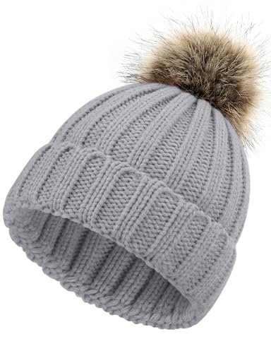 MELLIEX Bommelmütze Kinder, Warme Baby Wintermütze, Abnehmbare Pom Pom Strickmützen, Beanie für Jungen Mädchen 0-5 Jahre, Grau