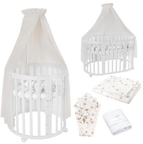 Waldin Oval Baby-Bett Mitwachsend Komplett Set 7in1, Gitterbett, Kinderbett mit Matratze, Wickelkommode, Beistellbett, Holz Weiß, Stoffe Champagner Löwenzahn