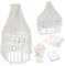 Waldin Oval Baby-Bett Mitwachsend Komplett Set 7in1, Gitterbett, Kinderbett mit Matratze, Wickelkommode, Beistellbett, Holz Weiß, Stoffe Champagner Löwenzahn