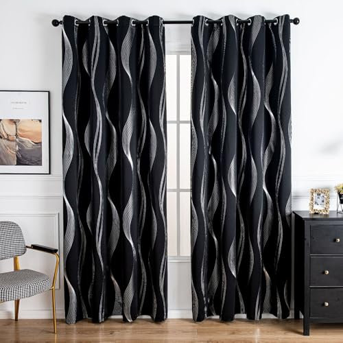 Verdunkelungsvorhänge Set 2 Panels Fenster Behandlung Thermisch Isoliert Solide Tülle Blackout Wave Line Foil Print Design Vorhänge für Schlafzimmer und Wohnzimmer (52 * 96in,Black)