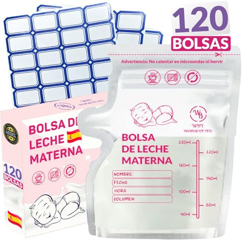 WB® - 120 BOLSAS Almacenamiento de Leche Pre-esterilizadas y PEGATINAS - 250ml Bolsa Leche Materna Para Congelar con Boquilla Dispensadora - Libre de BPA - Bolsa Auto-Portante - Ahorro de Espacio