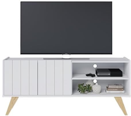 Meuble TV Bar 55 Pouces Blanc Grisé Pieds Bois 2 Portes 3 Niches L 135.8 H 58.7 P 36.1cm