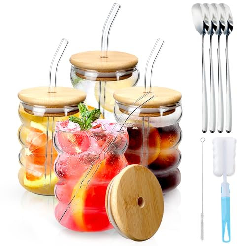 DIYJEP Set de 4 Vasos de Cristal con Pajitas y Tapas, Tazas de Café de Vidrio con Cucharas de Bar y Cepillos de Limpieza, 350 ml Vasos de Whisky Reutilizables para Té Cóctel Smoothies Zumos Refrescos