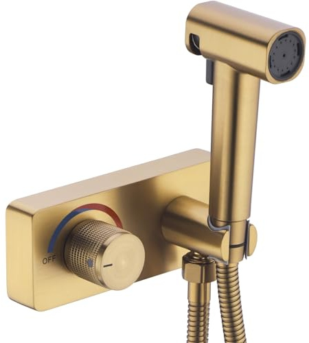 HOMYEP Pulvérisateur de bidet de toilette portatif en laiton avec jet de maintien, robinet de bidet de salle de bain avec eau chaude et froide, robinet de douche pour camping-car, 10,2 cm, or brossé