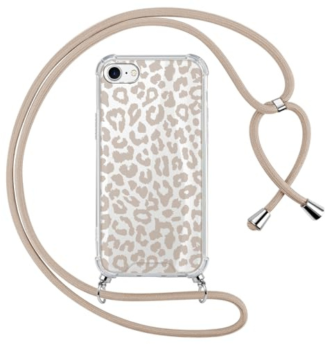 ZhuoFan Coque avec Cordon pour iPhone 7/8/iPhone SE 2022/2020 4,7, Aesthetic Motif Léopard Marron Case Étui Transparent Silicone PC Lanyard Housse Protection avec Collier Corde Cover Femmes, 01