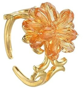 Joievievie Bague Fleur Cristal Orange Ouverte pour Femme Fille Anneau Ajustable Acier Inoxydable Doré