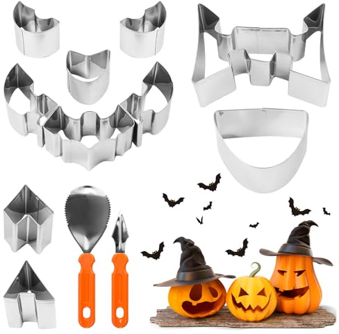 Yooyan 12 Stück halloween kürbis schnitzset, Kürbis Schnitzmesser mit Halloween Ausstecher Edelstahl,Pumpkin Carving Kit,DIY Schnitz Set für Kinder Erwachsene,Schnitzwerkzeug für Familie Dekoration