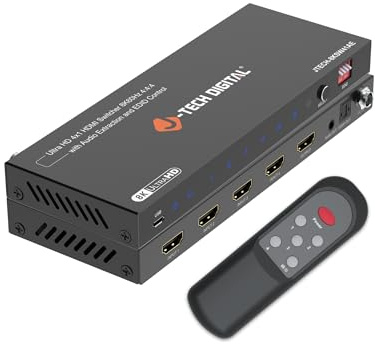J-Tech 8K 4 in 1 Output Digital HDMI Switch, 8K@60Hz 4K@120Hz 1080P@240Hz with Audio Extraction, HDMI to Optical and Analog 3.5mm, HDR HDCP2.3 EDID Control (JTECH-8KSW41AE)