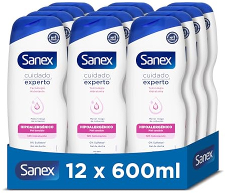 Sanex, Gel de Ducha Hipoalergénico, Piel Sensible, Pack 12x600ml | Gel de ducha para piel sensible, 12h de hidratación, Tecnología hidratante, 0% Sulfatos, Vegano