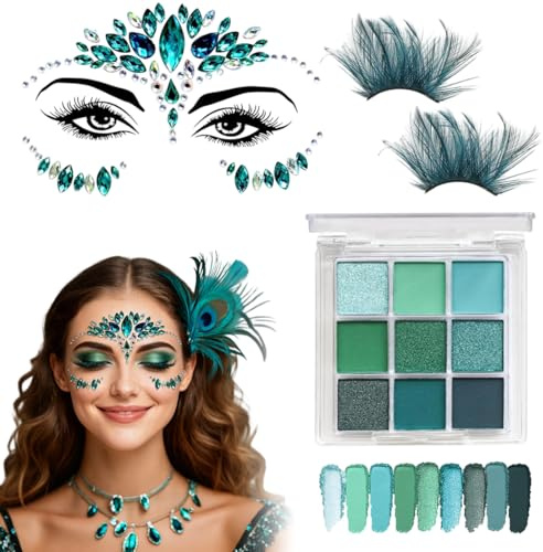 YAZWUR Pfau Schminke Set für Damen Kostüm Zubehör mit Glitzersteine Gesicht grünen Federwimpern und Lidschatten für Karneval Fasching Halloween Make-up