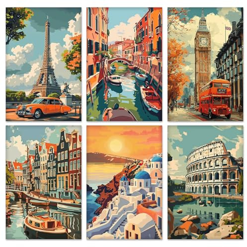 QENSPE 6er-Pack Malen nach Zahlen Set, Gespannte Leinwandtafeln zum Malen für Erwachsene, Acryl-Ölgemälde für Schüler und Anfänger, ideal für Sip & Paint-Partys, Vintage Stadtbild 20x30 cm