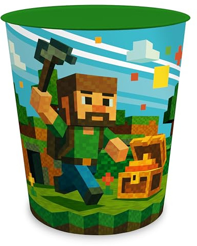 itenga Papierkorb für Kinder mit Motiv - rund ca. 11 Liter - Mülleimer fürs Kinderzimmer - stabiler Kunststoff (BLOCKGAME Pixel)