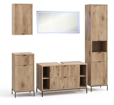 Vicco Badmöbel-Set Eliza, Viking Oak, 100 cm, besteht aus Waschbeckenunterschrank, Spiegelschrank, Hochschrank, Midischrank und Hängeschrank