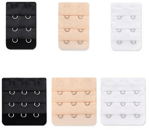 6 Pezzi Prolunga Reggiseno 2 e 3 Ganci, Estensione Reggiseno Morbida e Confortevole per Donna, Allunga Reggiseno in 3 Colori (Nero, Bianco, Nudo), Accessori Lingerie Regolabili in Poliestere