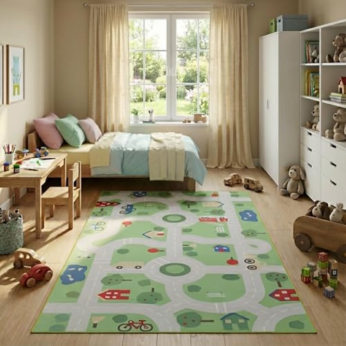TAPISO Snooki Kinderteppich Straßenteppich Spielteppich Auto Teppich Kinderzimmer Jungen Verkehrsteppich Stadt Grün rutschfest Pflegeleicht Kurzflor weich Oeko-TEXIGHT Snooki BBK Green 80 x 150 cm
