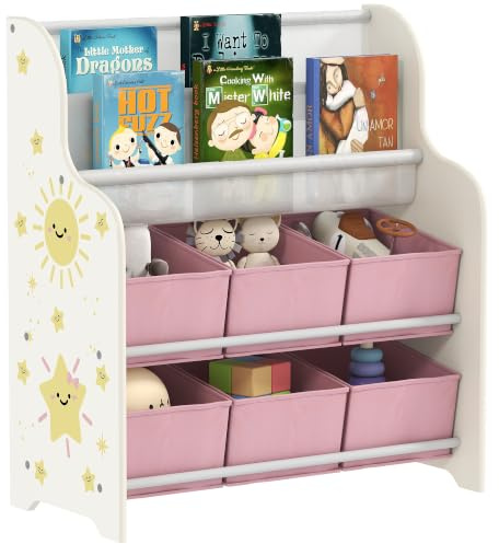 AIYAPLAY Kids Storage Unit Toy Organiser 6 Fabric Drawers Book Rack Pink | 2-Tier Sling Book Rack, Bedroom, Playroom, Nursery