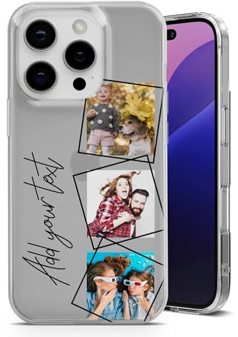 AIGAT Personalised Geometric Photo Collage Case for iPhone with Name/Text – 3 Images Custom Design Slim Clear TPU Shockproof Cover for iPhone 17, 16, 15, 14, 13, 12, 11 Pro Max & Plus