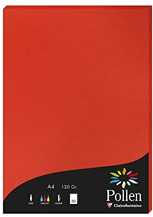 Clairefontaine 44267C - Étui de 50 Feuilles - Format A4 (21x29,7cm) - 120g/m² - Coloris Rouge Corail - Papier d'Invitation Evènements et Correspondance - Gamme Pollen - Papier Premium Lisse