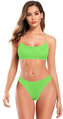 SHEKINI Costume da Bagno a Collo Basso per Donna Bikini Gilet a Fascia Reggiseno Bikini Plissettato Costume Mare con Imbottitura Pettorale e Tracolla Regolabile (Verde Fluo, M)