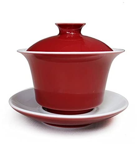 Porcelain Gaiwan 5oz/150ml Teacup White Glazed Tea Cup Tureen Chinese Sancai Cover Bowl Lid Saucer Set (Red)