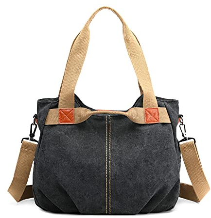 DIRRONA Casual Bolso de Mujer Moda Lienzo Bolsos Bandolera Viajes Bolso Bandolera Mujer Bolsa de Lona Trabajo Compras Bolsos Cruzados Multibolsillos Uso Diario Negro